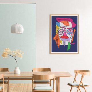 Mock up poster frame in spacious modern dining room with wooden chairs and table. Minimalist dining room design. 3D illustration.