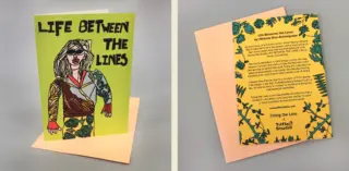 A greeting card with a colourful illustration of a woman on the front and text about an art studio on the back.