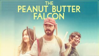 Poster for "Peanut Butter Falcon" with the film's actors Dakota Johnson, Shia LaBeouf, and Zack Gottssagen