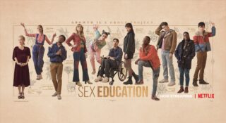 Cast of Netflix series 'Sex Education' standing in a lineup with the tagline 'Growth is a group project'.