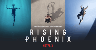 Poster for "Rising Phoenix" from Netflix featuring a collage of 3 separate images of 3 Paralympians (from left to right): Ellie Cole, Tatyana McFadden and Jean Baptiste Alaize