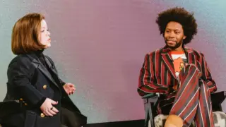 Sinéad Burke and Jeremy O’Harris on stage at the Soho Summit