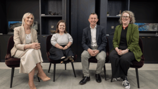 Four people sit on chairs smiling and facing the camera. From left to right they are Geraldine Casey, AIB managing director, retail banking; Sin&eacute;ad Burke, chief executive and founder of Tilting the Lens; Denis Doolan, head of people experience at AIB; and AIB&rsquo;s Aoife Mulqueen, people experience