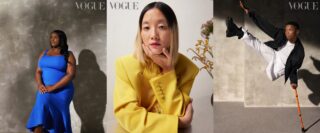 Collage of three images. Image one shows Jessikah Inaba, a Black, Blind woman with long, straight black hair that is cascading in soft waves down her left shoulder. She is sitting on a stool in a room against a grey, textured backdrop. She is facing to the right with her hands folded in her lap, wearing a cobalt blue mid-length dress by Roland Mouret, with a necklace by Jessie Thomas Jewellery and a ring by Alice Cicolini. Image two shows Christine Sun Kim, an Asian-American Deaf woman with a bob &ndash; the top part is centre parted and black, while the bottom half has been coloured in blonde. Her left hand leaning on a table, her chin rests in her left palm, while the right arm is hugging across the body, holding onto her left elbow. Christine is wearing red lipstick and a bright yellow blazer by Valentino with feather details. A vase of dried flowers on the table is partly visible in the frame on the right. Image three shows Musa Motha, a Black male amputee with short black hair in a fade, in a room against a grey, textured backdrop. He is balancing with his left hand on an orange cane, his right arm and his right leg both stretched high in the air to his right. Musa is wearing a black jacket by Carhartt WIP over a white Sunspel T-shirt and white tracksuit bottoms by Saul Nash, with a black Dr. Martens boot and a necklace by Tom Wood.