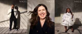 Collage of three images. Image one shows Nicolas Hamilton, a Black male with Cerebral Palsy, short black hair and a beard, as he gazes to the ceiling on his right. Nicolas is standing in front of a grey, textured wall, wearing a white Louis Vuitton leather jacket, with a black sweatshirt and white t-shirt by Dior underneath, with black Hermes trousers and black and white Nike trainers. Image two shows Rosie Jones, a white, queer woman with long, brown hair in soft curls that are blowing gently in the wind. The image depicts her head and shoulders in a close up portrait. She is smiling brightly into the camera with red lipstick, wearing a black blazer with gold buttons by Patou and sculptural gold earrings by By Pariah. Image three shows Fats Timbo, a Black little person with long, brown braids, standing in a room against a grey, textured backdrop. She is wearing a white knee-length shirt dress with long sleeves and laser-cut detail by Erdem. The look is accessorised with black stiletto heels by Jimmy Choo and an ear cuff by Jessie Thomas Jewellery.