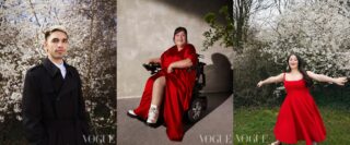 Collage of three images. Image one shows Reuben Selby, a Filipino-British, neurodiverse male with short dark hair that has been dyed at the tips in blonde. He is standing in a garden in front of a blossom tree. He is visible from the waist up, wearing a black trench coat by Burberry over a shirt by John Smedley. He has his right hand in his pocket and is smirking at the camera. Image two shows Dr. Rosaleen McDonagh, a white woman wheelchair user with dark hair in an elegant updo. The beauty look is finished off with red lipstick. She is positioned to the side in front of a grey, textured wall, wearing a red silk long dress by Michael Kors, patterned nude tights, with earrings by Agmes, and a pair of glasses with bright pink frames. The look is complete with white boots, her own. She is smiling brightly into the camera, and a green floral display is just visible in the right of the frame. Image three shows Ellie Goldstein, a white woman with Down syndrome and long, dark hair, in a garden in front of a blossom tree. She is wearing bright red lip stick as she is smiling and twirling with her arms spread wide, wearing a bright red full-length dress by Emilia Wickstead with flat black ballerina flats by Gucci.