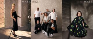 Collage of three images. Image one shows Selma Blair, a white woman with short, blonde hair, standing in a room with concrete walls, wearing a strapless black mid-length dress by The Row, with black, pointy stiletto heels by Manolo Blahnik. The picture is a full-length side profile, with her right hand resting on a black cane. Next to her on the right is a glass-topped table with a silver vase on it containing a dried flower arrangement.Image two shows six members of the multidisciplinary, London-based design collective Trifle Studio against a textured, grey backdrop. To the left of the back row stands Andre Williams, a Black male with a buzz cut and glasses, with his left hand resting on a wooden easel. He is wearing a white polo shirt from Sunspel with black trousers. Next to Andre stands Stanley Galton, a white male with short brown hair and a beard, who is leaning with his right arm resting on the easel, wearing a striped black and white T-shirt by Comme des Gar&ccedil;ons and black trousers by Herm&egrave;s. Next to Stanley in the back row stands Nancy Clayton, a white woman with long, straight dark hair that has been side parted. She is wearing a white short-sleeved shirt by Margaret Howell with black trousers by Alexander McQueen and a ring by Tom Wood. To the left of the front row sits Lisa Trim on the ground, a white woman with a blonde bob and glasses. She is wearing a black shirt by With Nothing Underneath, black Stella McCartney trousers, white Nike trainers and an Herm&egrave;s bracelet. In the middle of the front row, Ntiense Eno-Amooquaye, a Black woman with short hair and coral-framed glasses, is sitting on a white cube. She is wearing a white striped short sleeved shirt by Auf Augenhoehe with black trousers by Valentino, white Adidas trainers, and jewellery by Sophie Buhai, Rachel Boston and Lylie Jewellery. To her right sits Christian Ovonlen on the ground, a Black male with a buzz cut, wearing a black Givenchy jacket over a white T-shirt by Comme des Gar&ccedil;ons with black trousers by CP Company and black Adidas trainers with white stripes. Image three shows Sin&eacute;ad Burke, a white, queer little person, standing in a room in front of a grey, textured wall. With her brown bob curled into soft waves, she is twirling in a black, full length Richard Quinn dress with a pleated skirt and a yellow and green floral print. The dress has a matching cape that is floating out around Sin&eacute;ad&rsquo;s shoulders as she moves. She is wearing her own oxblood shoes by Ferragamo.